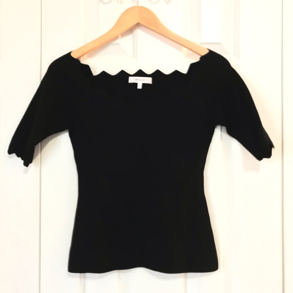 MILLY Scalloped Edge Fitted 3/4 Sleeve Top